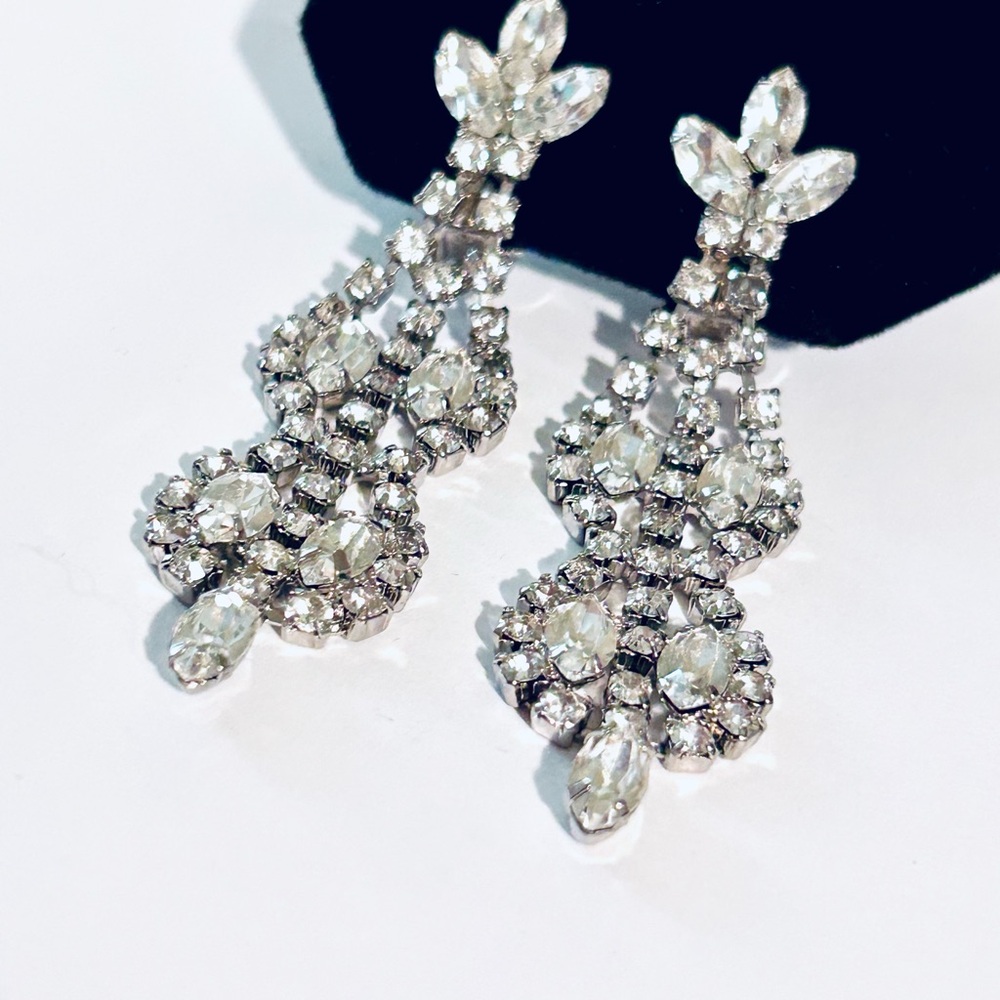 Statement Rhinestone Drop Clip-On Earrings - Clear Rhinestone Chandelier - Picture 6 of 7
